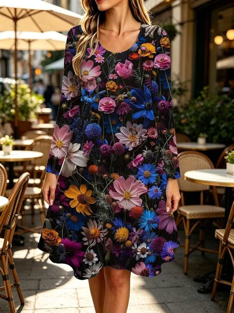 Spring Autumn Women Dress Casual Long Sleeve O-neck 3D Print Loose A-Line Dress Oversized Home Wear Robe
