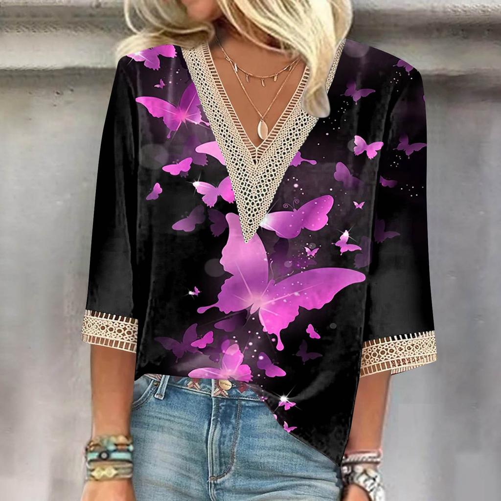 Women's Shirt Blouse Casual Loose Shirts 3/4 Sleeve Lace Trims Print V Neck Tops Print Tops T-shirts Tee