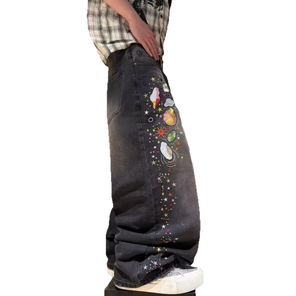 American Retro Full-print Wide-leg Jeans, New Men's Design Straight Loose Jeans