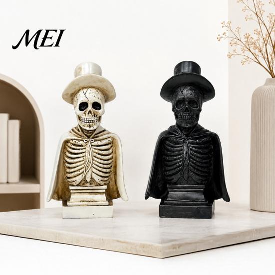 Halloween Tabletop Decoration for Party Gothic Skull Sculpture with Top Hat And Cape, Spooky Resin Prop Display Skeleton Figurine LED Light Home Decor