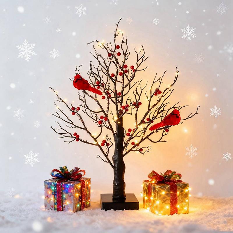 Plastic LED Christmas Tree With Two Birds Warm Light Simulation Birch Christmas Tree Table Decoration