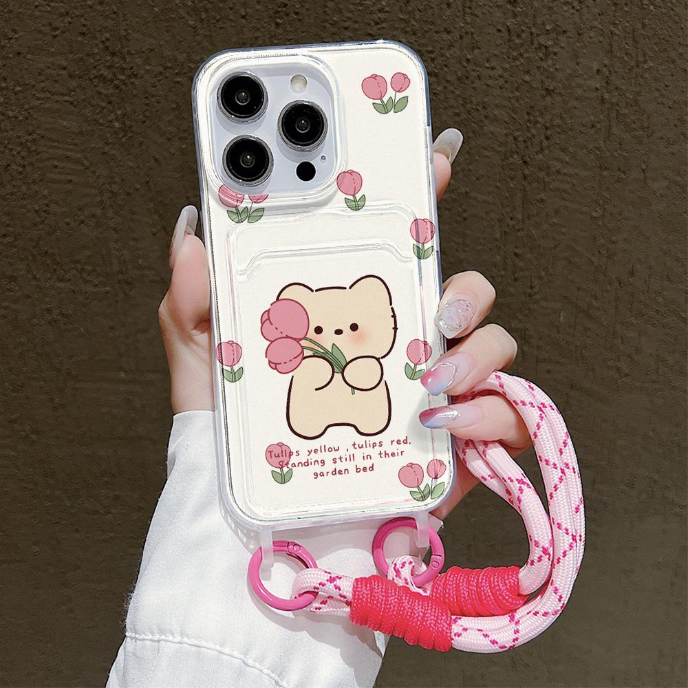 

Милый чехол с цветами для iPhone 15 Pro Чехол для iPhone 13 11 12 14 16 Pro Max 7 8 Plus XR XS SE Чехол с цепочкой для подвешивания и держателем для карт For iPhone 13