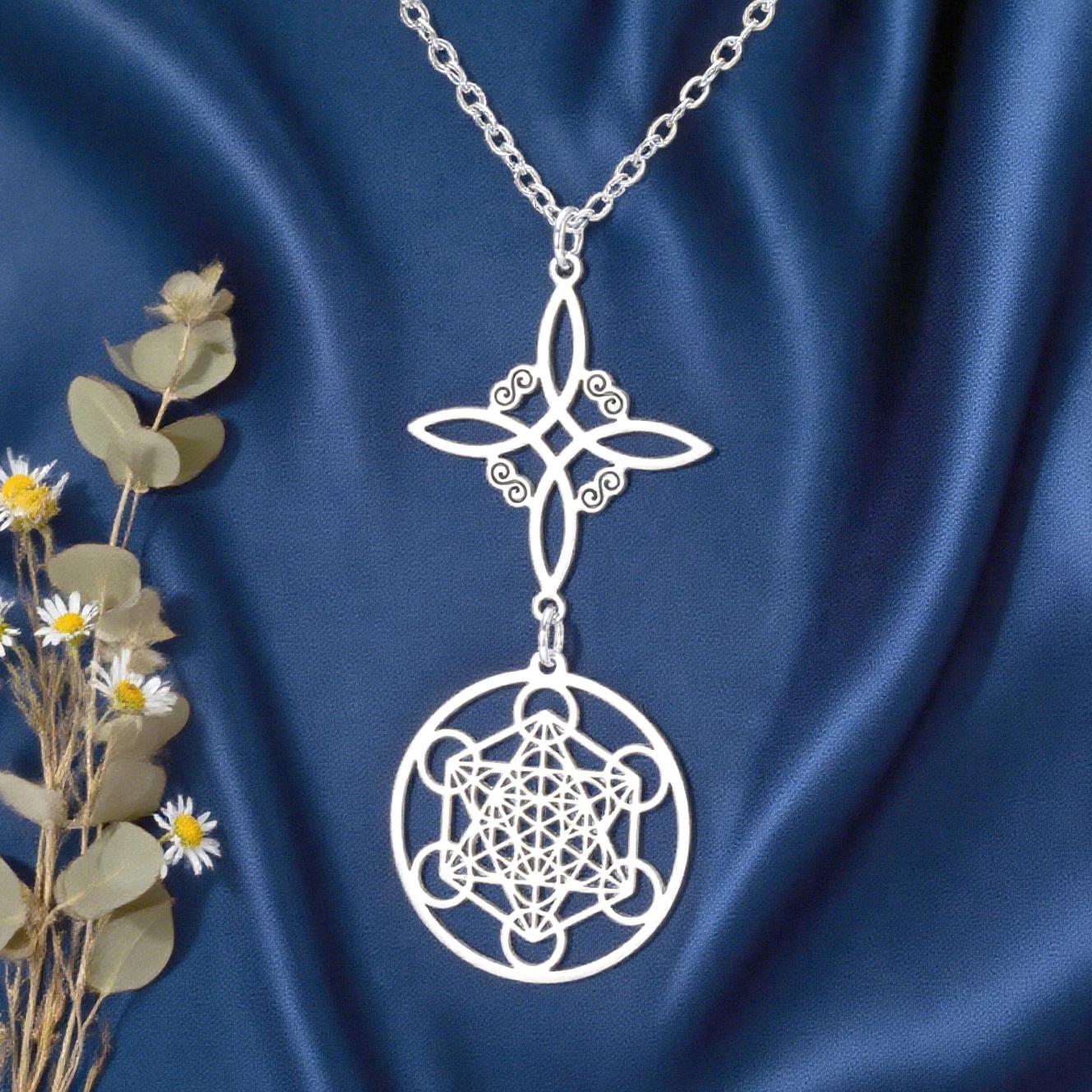 Dawapara Witch Knot and Metatron Pendant Necklace Wicca Good Luck Protection Talisman Stainless Steel Mystical Spiritual Jewelry