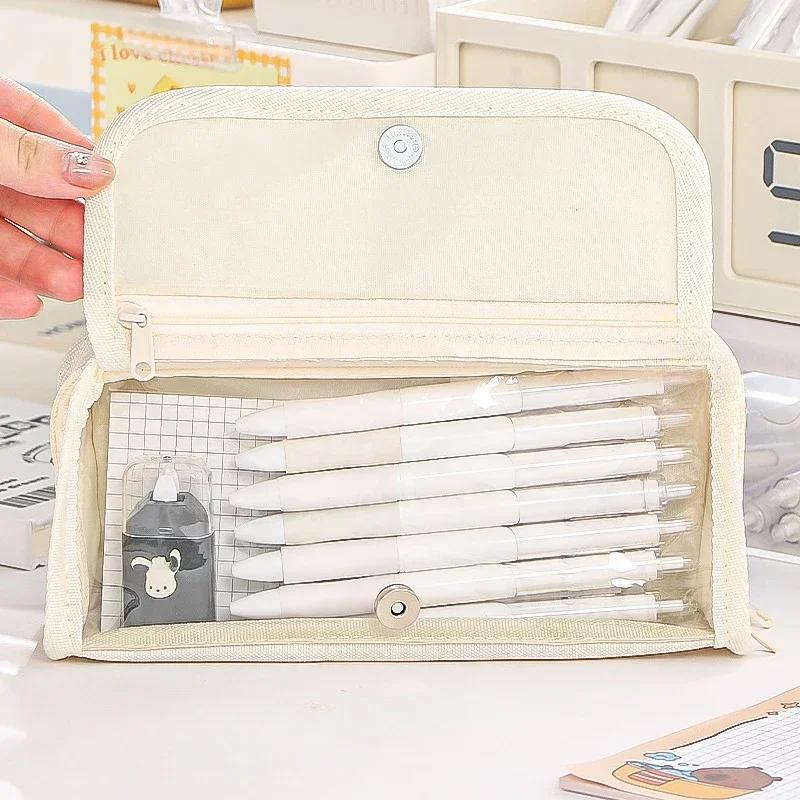 Simplicity Korean Pencil Case Large Capacity Beige Black Color Stationery Scrapbook Organizer Cute Student School Pen Bag