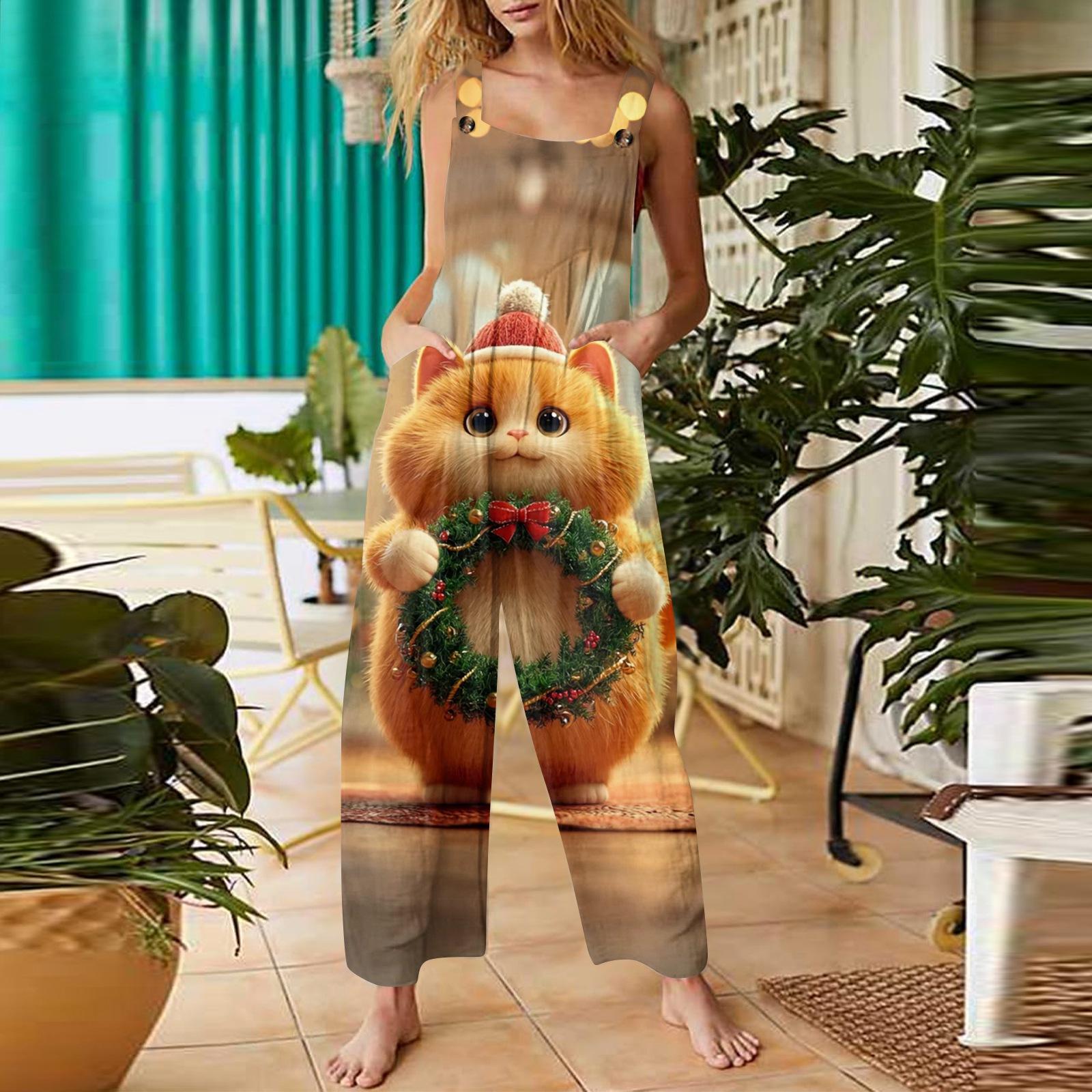 

Женский повседневный комбинезон с рождественским принтом, хлопковый комбинезон без рукавов с принтом XXXXL оранжевый