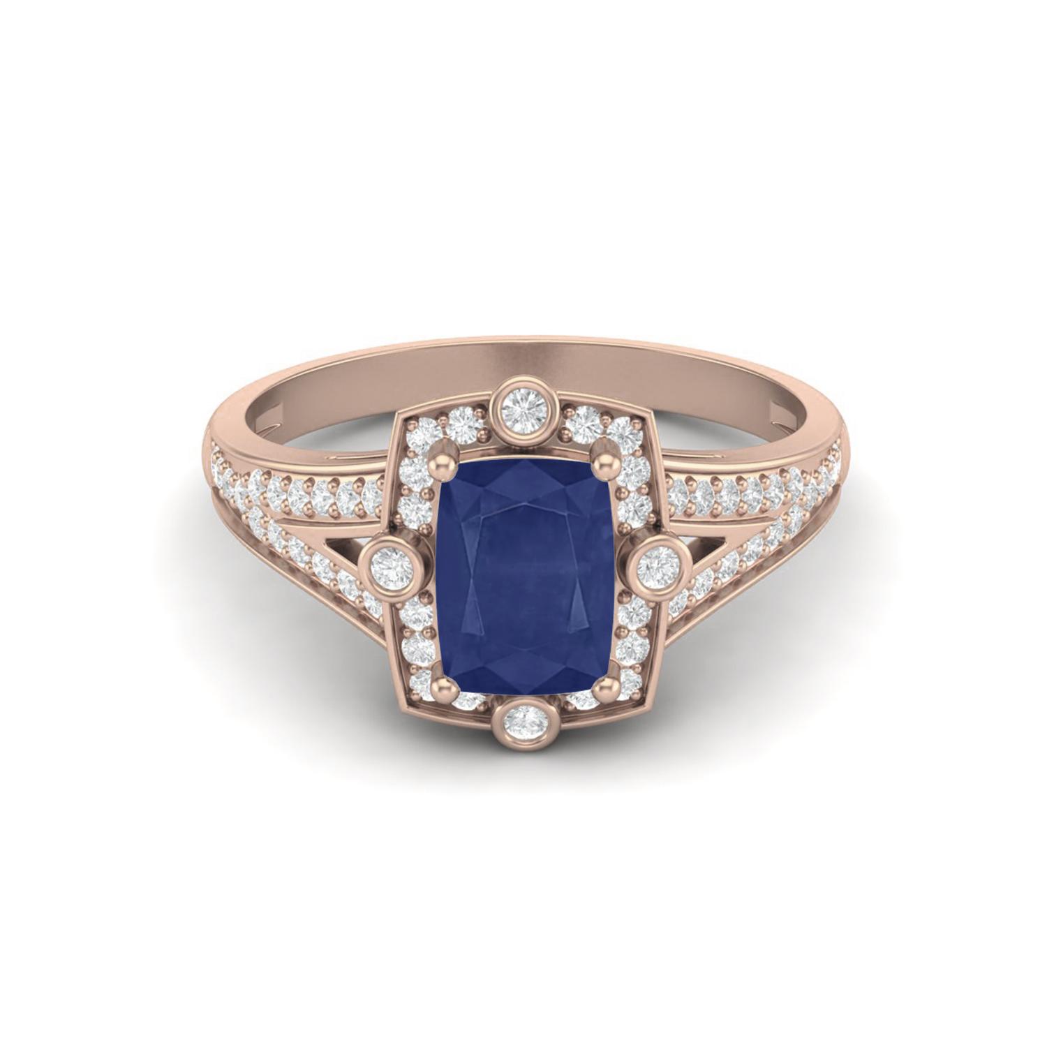 Halo Accent 1.65 Cts Cushion Blue Sapphire 925 Sterling Silver Rose Vermeil Wedding Women Ring