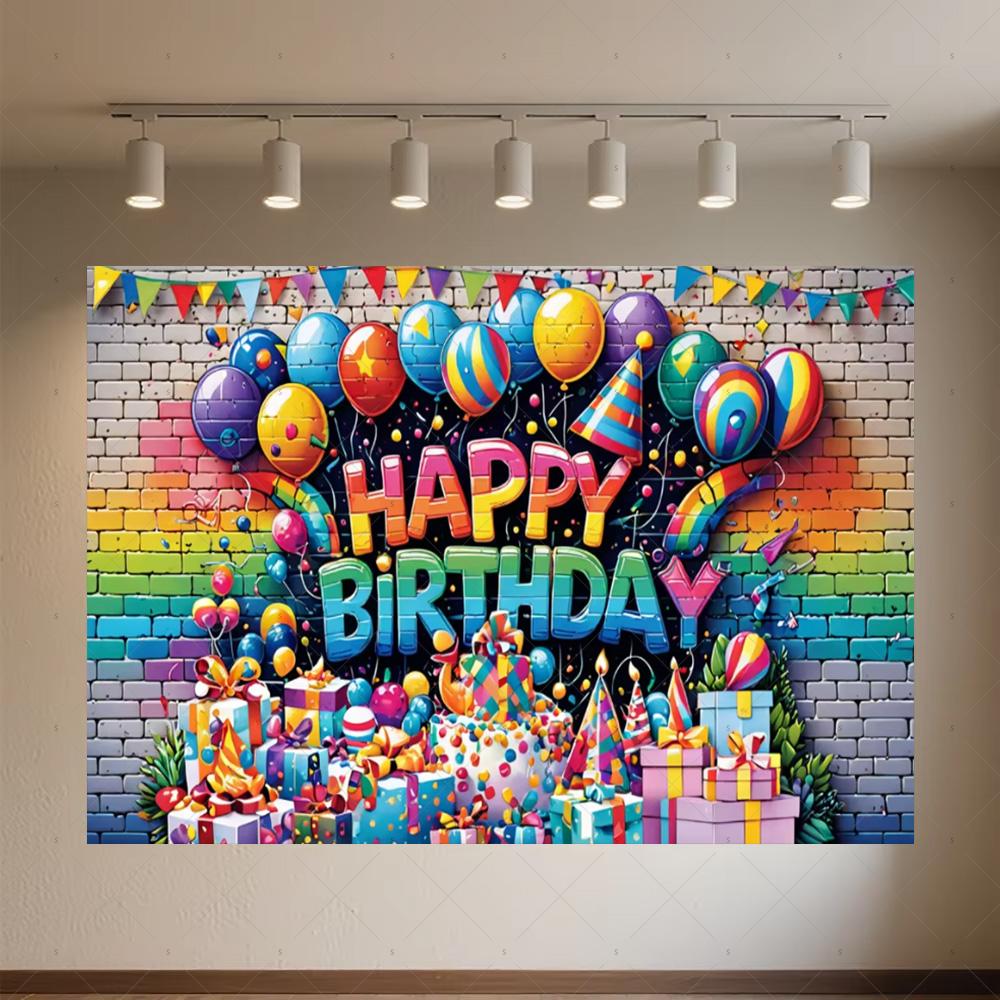 Colourful Happy Birthday Theme Backdrop Supplies 3D Ballon Background Banner Kids Birthday Party Decorations Photo Shoot Props