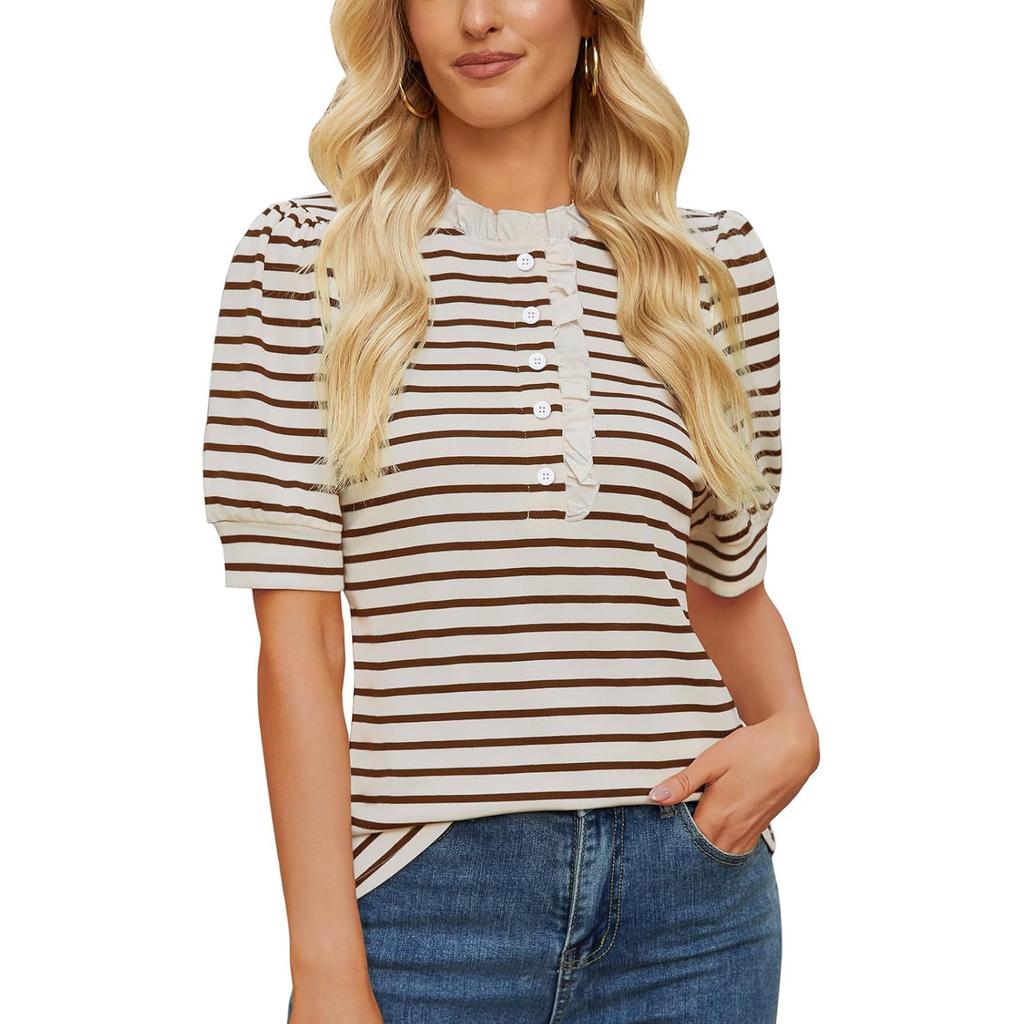 Women Casual Loose Striped Ruffled Collar Short Sleeve T Shirt Top