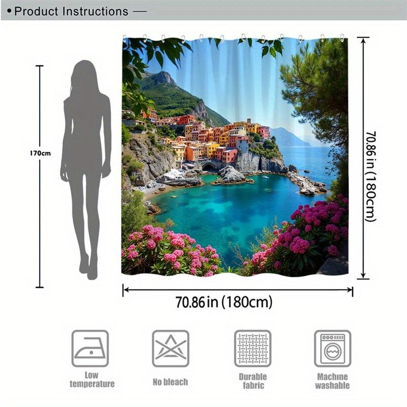 1pc Cinque Terre Italy Village Shower Curtain - Vibrant Coastal Cliffs, Colorful Houses & Hydrangeas Scenic View, Durable Polyes