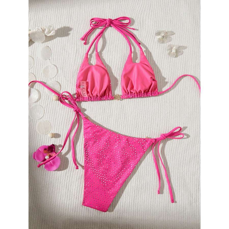 European and American Sexy Swimsuit Women's Rose Pink with Diamond Bikini Triangle Cup Lace-up Split Bikini Swimsuit Women