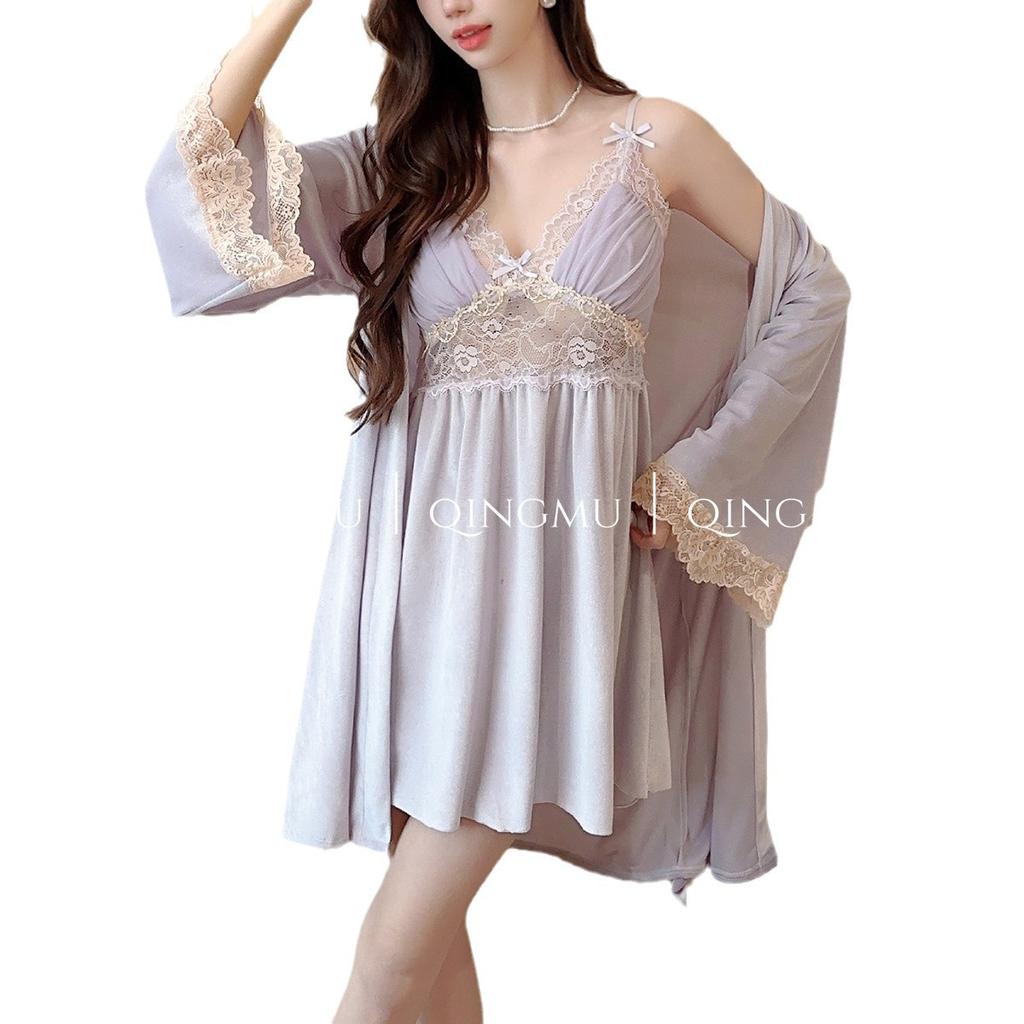 Autumn and winter suspender nightgown two-piece set sexy with chest pad golden velvet pajamas women's private sex loungewear autumn
