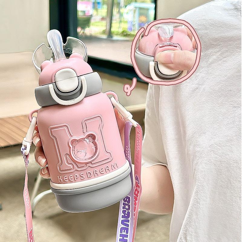 480ml Cute Bear 304 Stainless Steel Kids Thermos Bottle, Kawaii Vacuum Water Cup with Straw and Strap for School