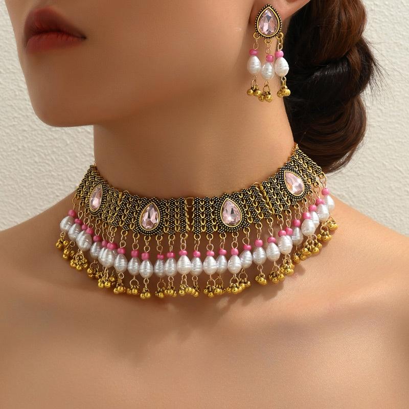 

New Fashion Vintage For Woman Colorful Crystal Stone Sets Simulated Pearl Beads Necklace Earrings Set For Women