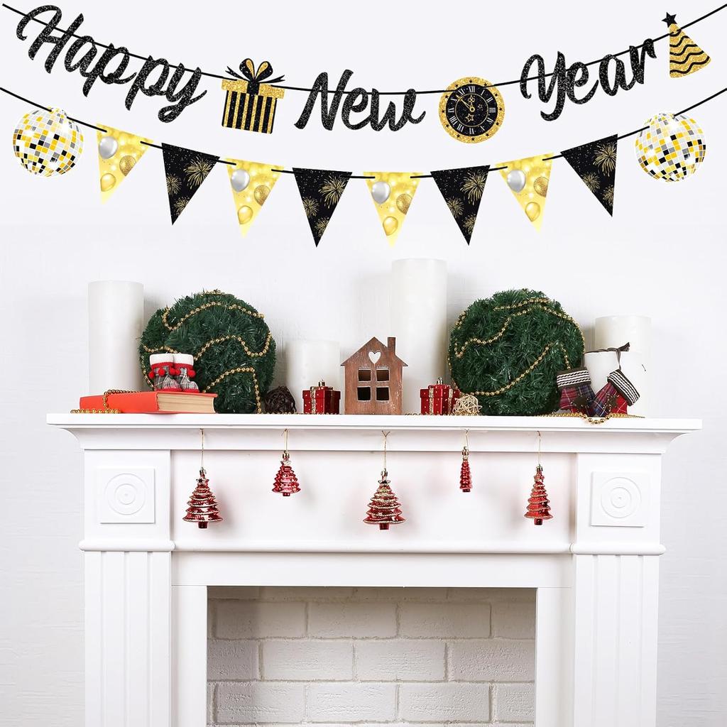 Happy New Year 2026 Banner Black Glitte Pre-Assembled New Years Eve Sign Garland Banner for 2026 NYE Party Supplies Decorations Holiday Home Hanging