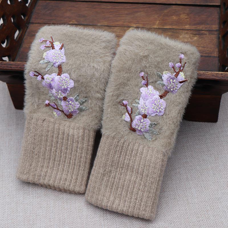 Embroidered Ethnic Style Half-Finger Warm Gloves for Autumn & Winter