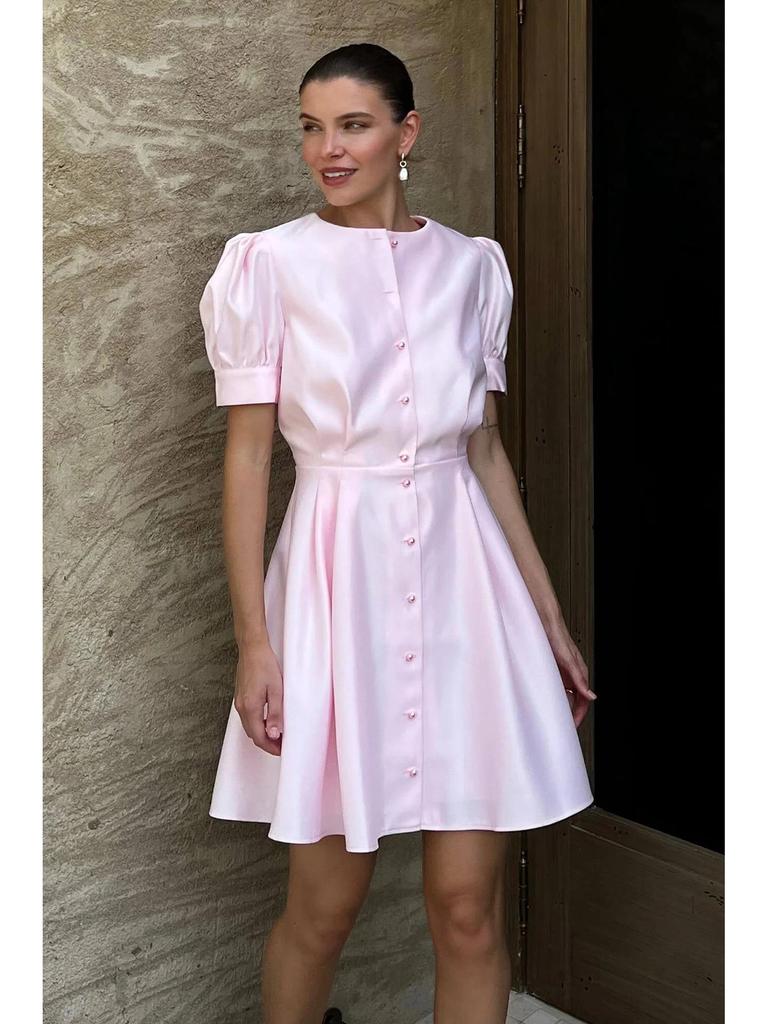 Europäischer & Amerikanischer Stil Geraffte Taille A-Linien Midi-Kleid mit Rundhalsausschnitt Puffkurzärmeln & Perlenknöpfen für Damen