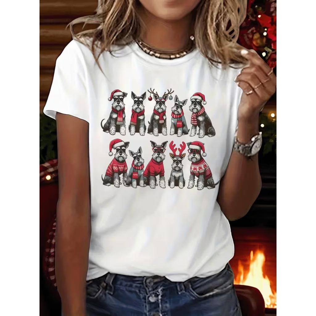 Schnauzer Family Dog Christmas Graphic Print T-shirt, Aesthetic Short Sleeve Crew Neck Casual Top for All Season