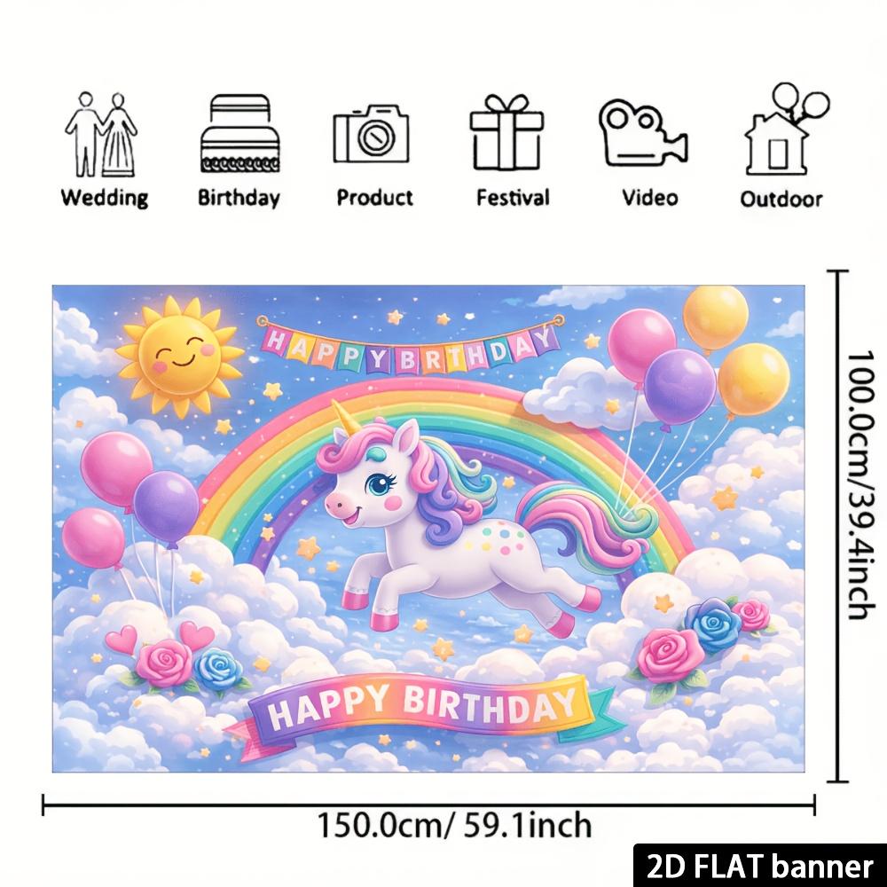 2D flat unicorn birthday party banner background  rainbow sun element  cloud blue sky design  unicorn leaping over rainbow shape