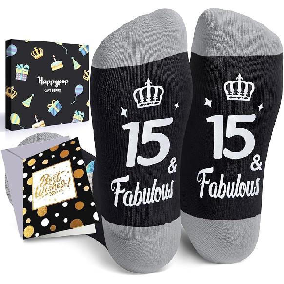 HAPPYPOP 15th Girl Birthday Gift Ideas - Socks for 15 Year Old Teen Girls Boys with Card 15 Fabulous Black