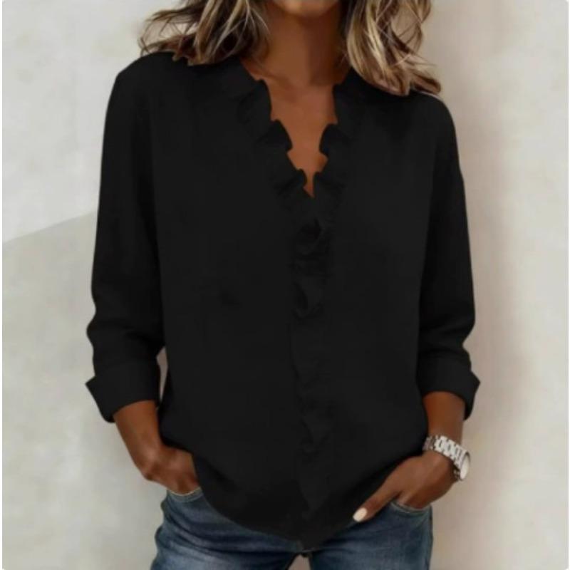 JPNTKY Women's Fashion Casual Solid Color Print Long Sleeve V-Neck Blouses & Shirts