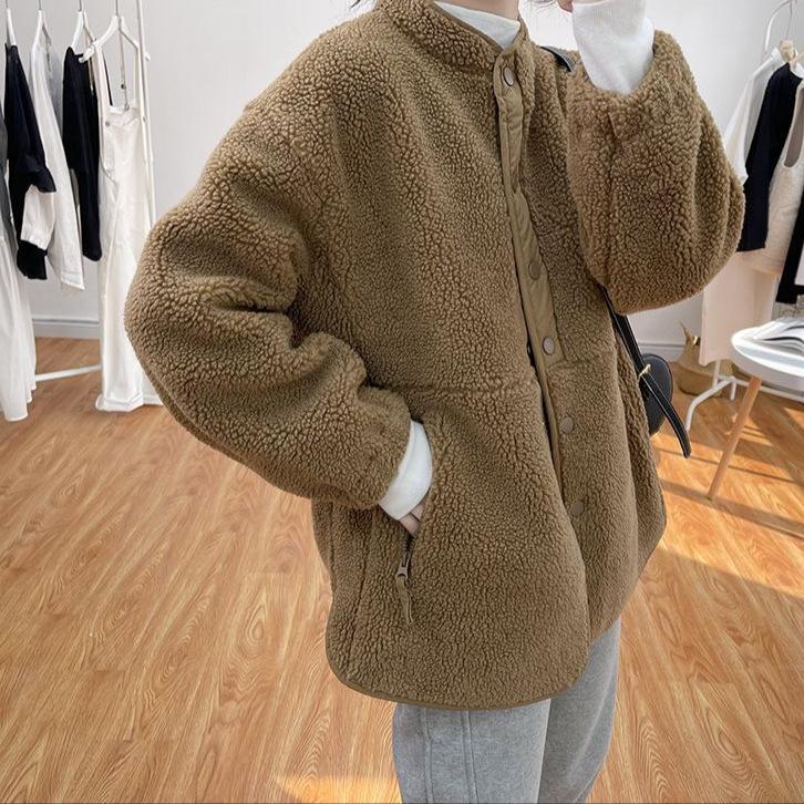 

Women s 2025 Retro Color Block Stand Collar Lambswool Coat - Winter Plush Design M [For under 105 lbs]
