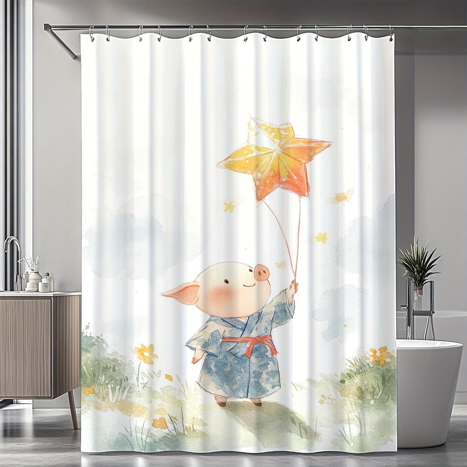 

Cartoon Pig Shower Curtain - Nordic Design, Digital Print, Polyester, Hooks Included, Whimsical Bath Decor W60H190(CM)-1 Pcs