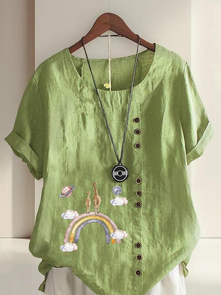 

Women s Fashion Rainbow Giraffe Print Round Neck Short Sleeve T-shirt Summer Casual Cotton Linen Graphic Shirt Leisure Loose Blouse Tops 5XL зелений
