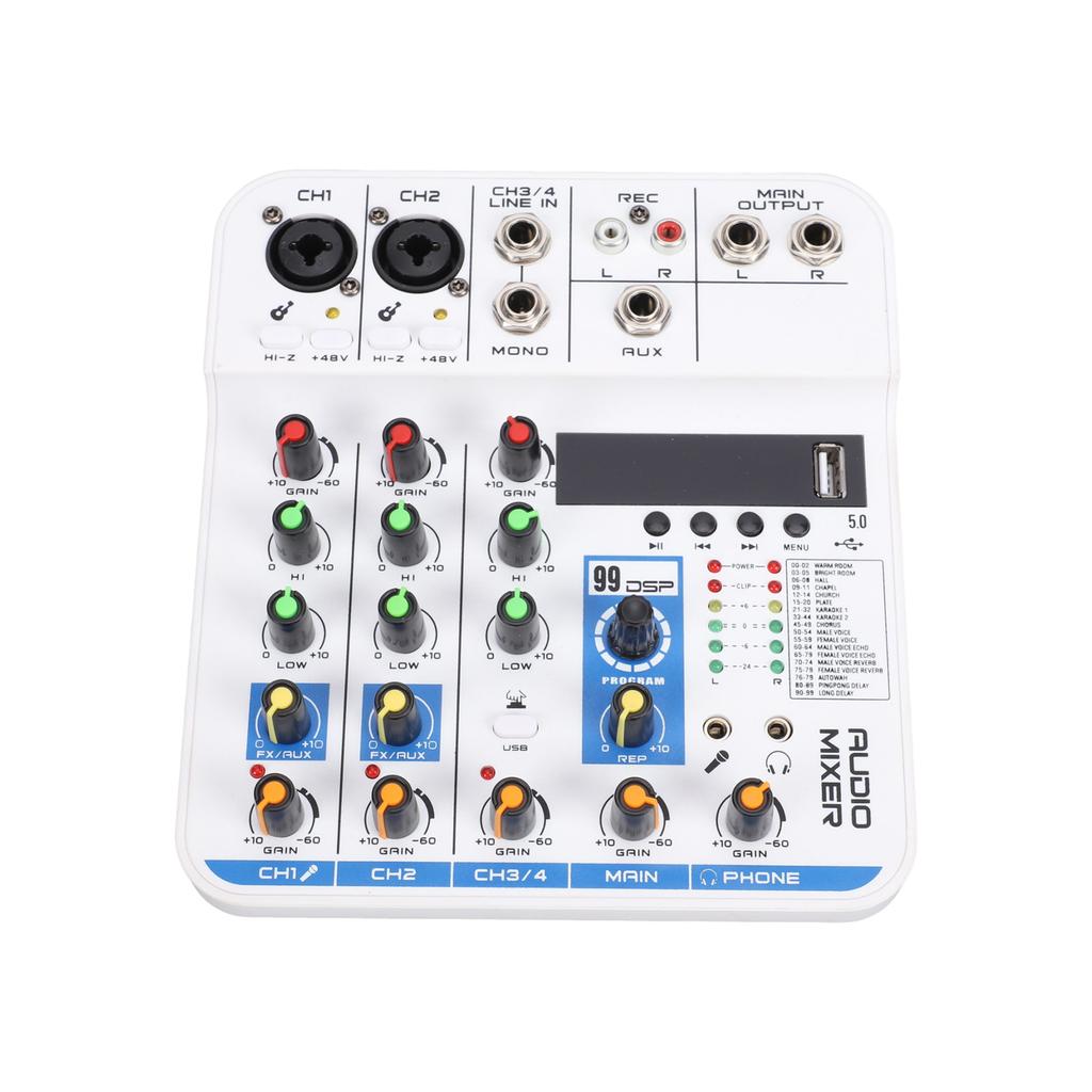 4 Channel Sound Mixer DSP Digital Reverb USB BT MP3 Module XLR 6.35mm 3.5mm Inputs 48V Phantom Power for Live Streaming