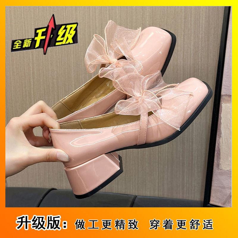 

Французские туфли Мэри Джейн с неглубоким вырезом, весна-осень 2025, новые туфли на высоком каблуке с бантом и квадратным носком, кожаные, универсальные, в зарубежном стиле, для ношения с юбкой 40