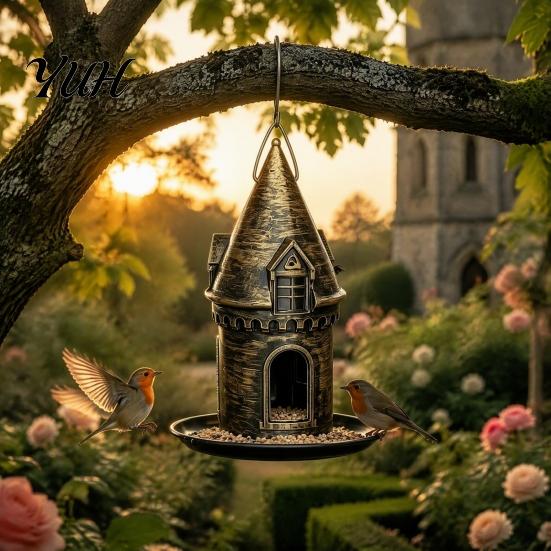 Unique Birding Gift for Men Retro Castle Bird Feeder, Metal Hanging Outdoor Nature Enthusiasts Wild Feeder Garden Backyard Balcony Decor