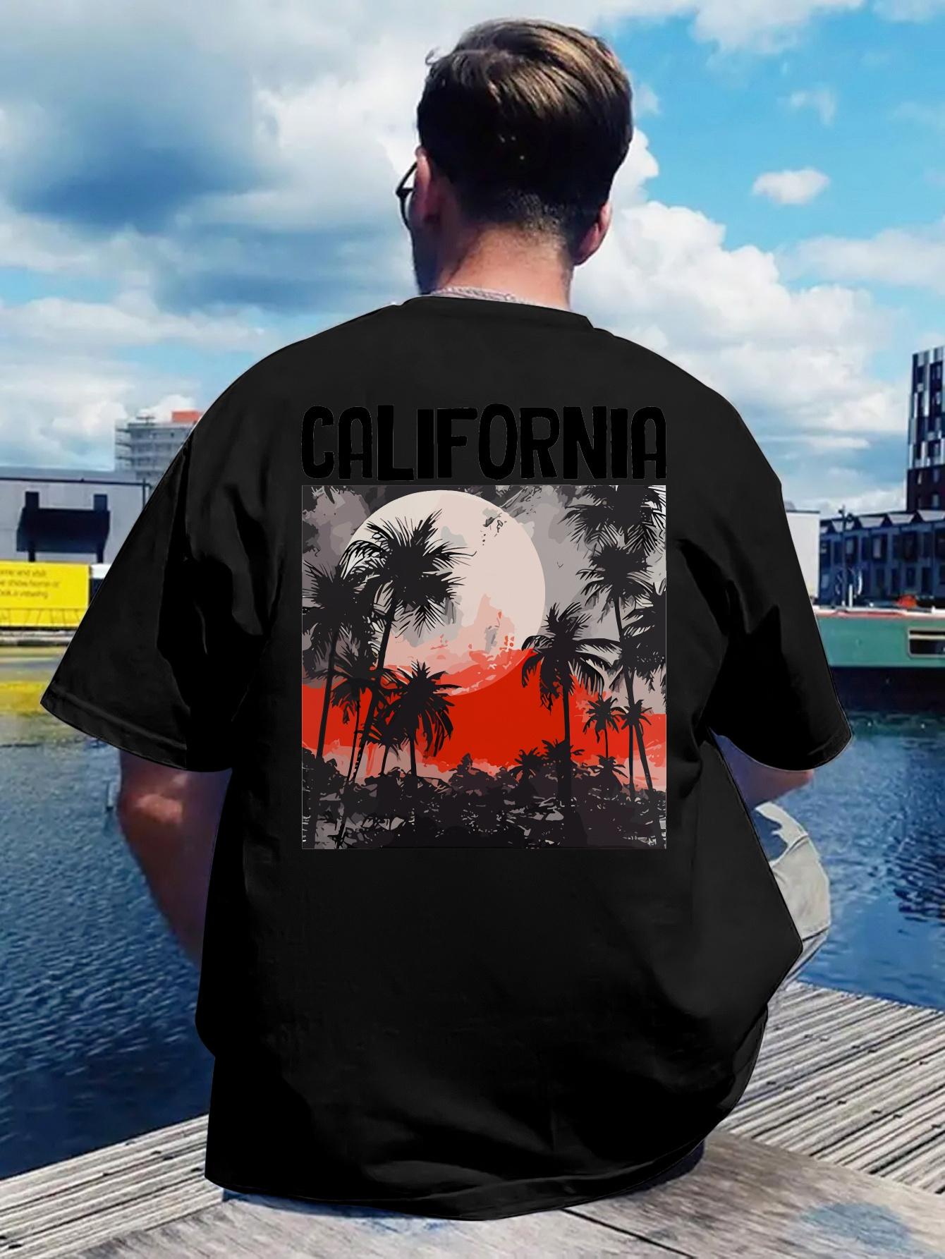 

California Tropical Back Print T-shirt - Black Tee with Red Palm Trees - Lightweight Breathable Polyester Shirt for Beach Vacation XL
