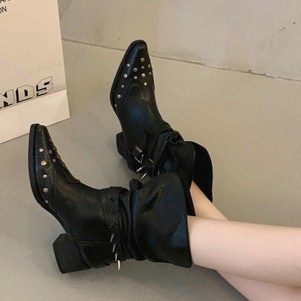 

Mango Home Женские ботинки Мартин Осень 2025 Британский стиль Квадратный носок Толстый каблук Клепки Короткие ботинки Ботинки в стиле вестерн 42 чёрный