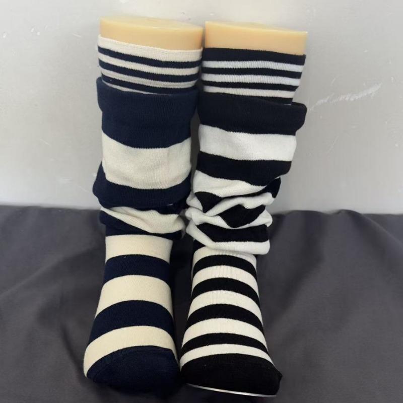 Two Pieces of Pure Cotton Double-layer Flared False Mid-calf Socks with A High-end Feel, Women's Three-dimensional Striped Stylish Long Socks
