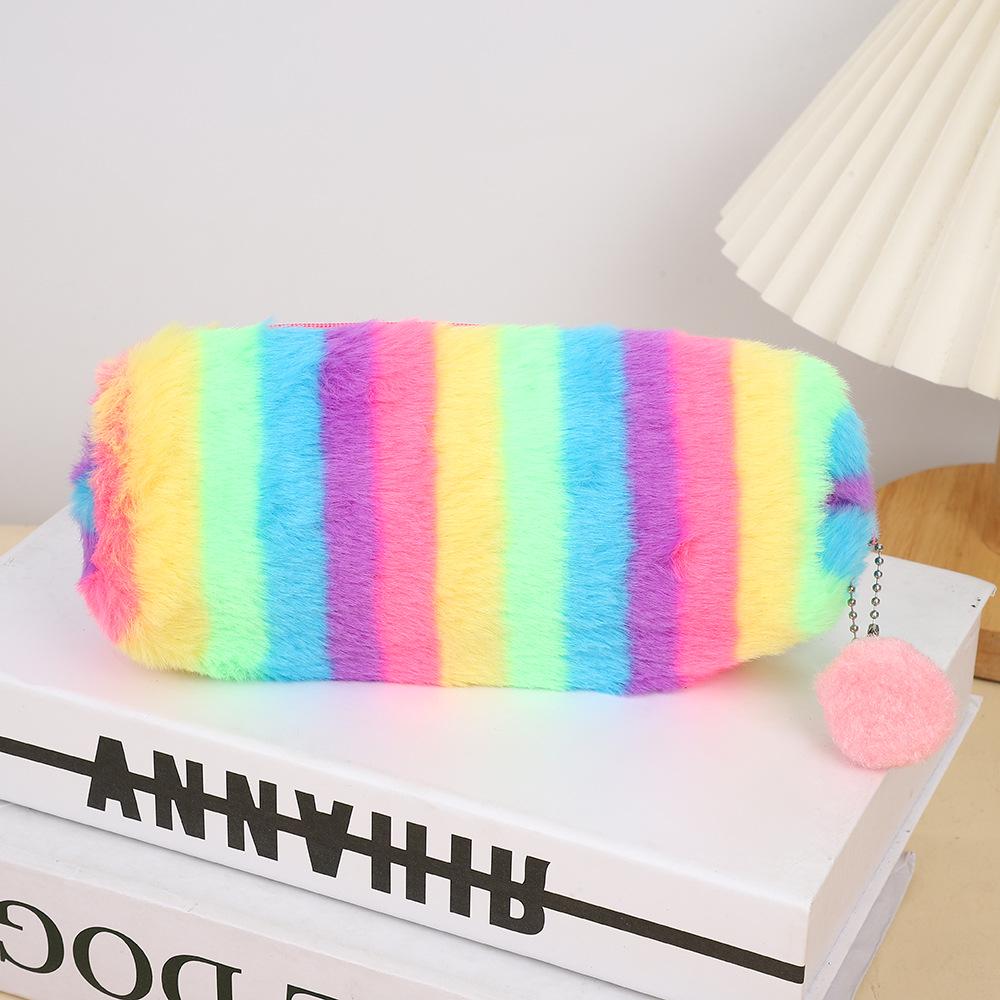 Gradient Color Plush Pencil Case - Cute Octagonal Design for Girls and Students