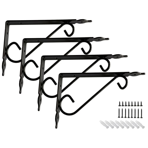 KKlewu Antique Iron L-Shaped Brackets, Shelf Brackets, Set of 4, with Screws (200mm, Black)