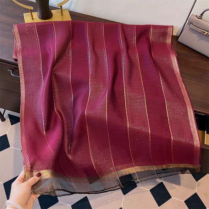 New Fashionable Women'S Gold Silk Scarf Long Versatile Faux Silk Scarf For Spring And Autumn Motorcycle Helmet Style