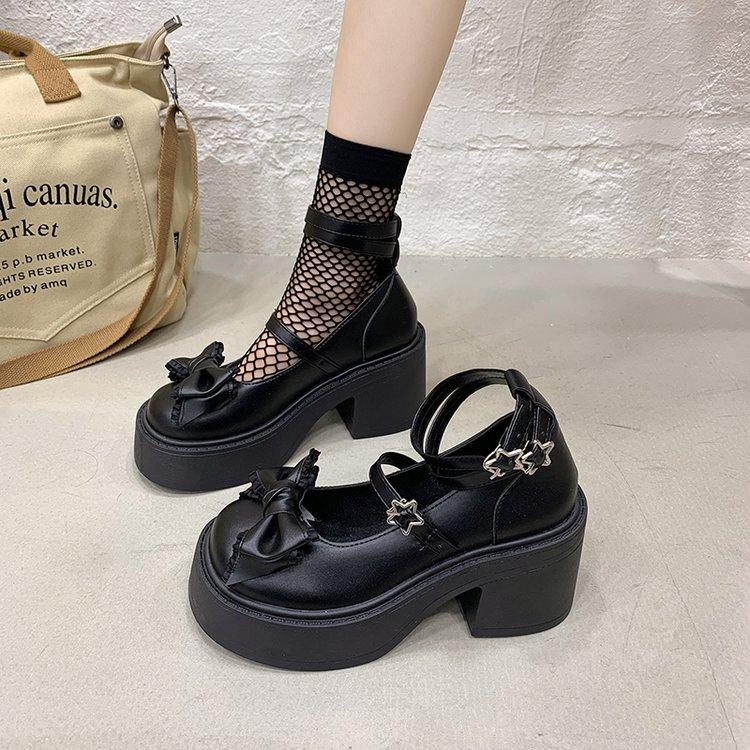 

New Chunky Heel 2026 Height-Boosting Plus-Size French-Style Bow Retro Sweet and Cool Small Women s Leather Shoes 35 матовий чорний колір