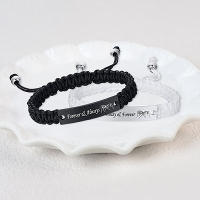 2Pcs/Set Couple Bracelet Stainless Steel Carved Letter Plate Braided Bracelet Black White Rope Matching
