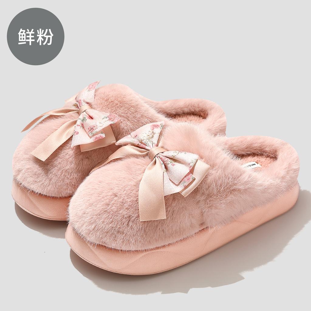 Purple Bow Cotton Slippers Autumn and Winter Home Indoor Couple Home Non-slip Plush Warm Cotton Mop