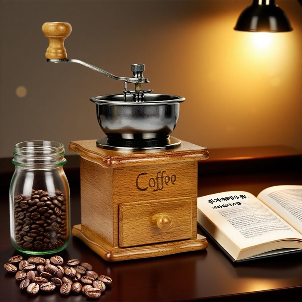 Wooden Hand Coffee Grinder, Manual, Portable, with Ceramic Burrs, Includes 304 Steel Spoon and Brush, Small, Lightweight, Easy to Carry, Easy to Clean