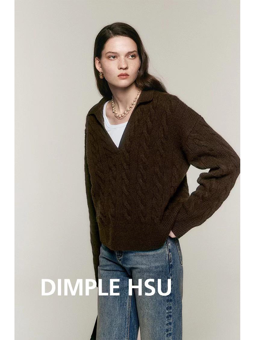 

Новый пуловер из чистой шерсти в корейском стиле 2024 года с V-образным вырезом и лацканами, свободный вязаный свитер S кофейный