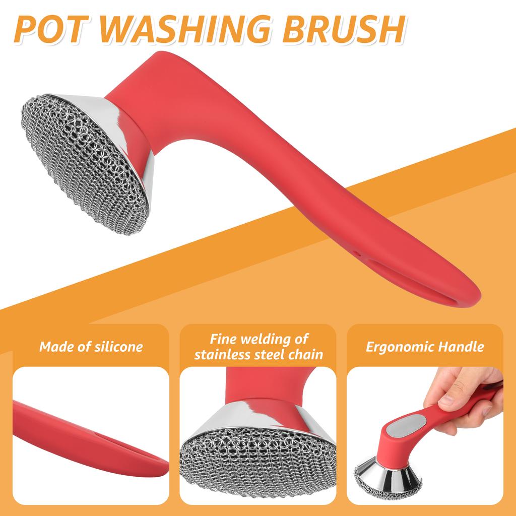 Cast Iron Scrubber Stainless Steel Skillet Cleaner with Silicone Long Handle Efficient Chainmail Scrubber Kitchen Cleaning Tools