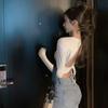 Sexy backless tie-up light ripe style top Hong Kong flavor ins solid color tight navel short navel long-sleeved T-shirt women