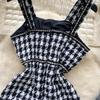 Autumn Winter Women Vintage Spaghetti Strap Houndstooth Tweed Party Short Split Dresses With Pocket
