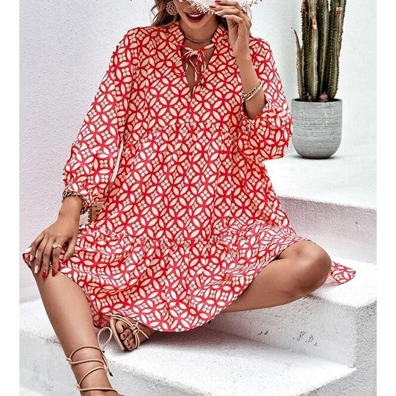2026 V-neck Print A-line Women Dress Vintage Long Sleeve Ruffled Summer Short Dresses Lace-up Lady Casual Beach Boho Dress 28719