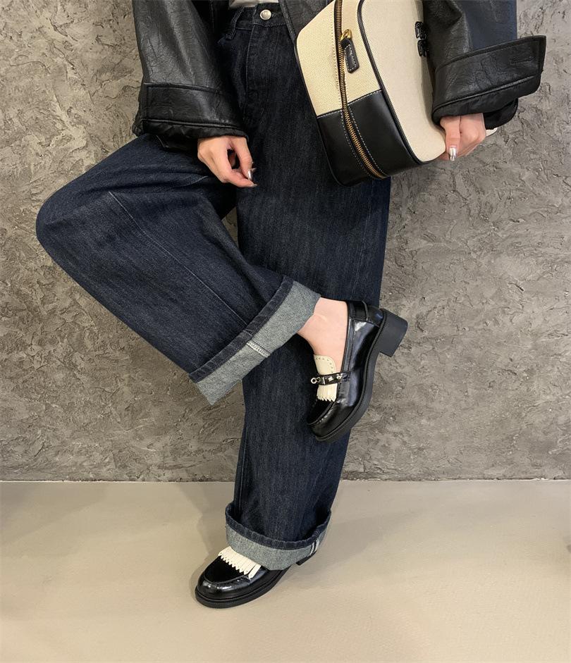 British style rivet platform small leather shoes women's fringed small gold buckle lazy loafers thick heel single shoes