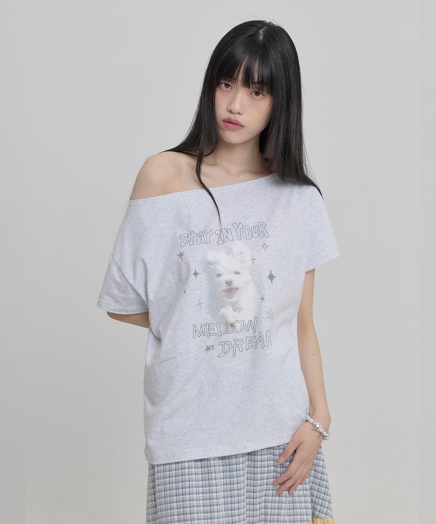 WAIKEI Mellow Dream Cloud Off-Shoulder Short-Sleeve T-Shirt Melange White