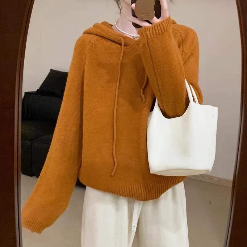 2025 Women's High-End European Style Pure Wool Hooded Sweater – Thick, Loose Knitwear for Autumn/Winter