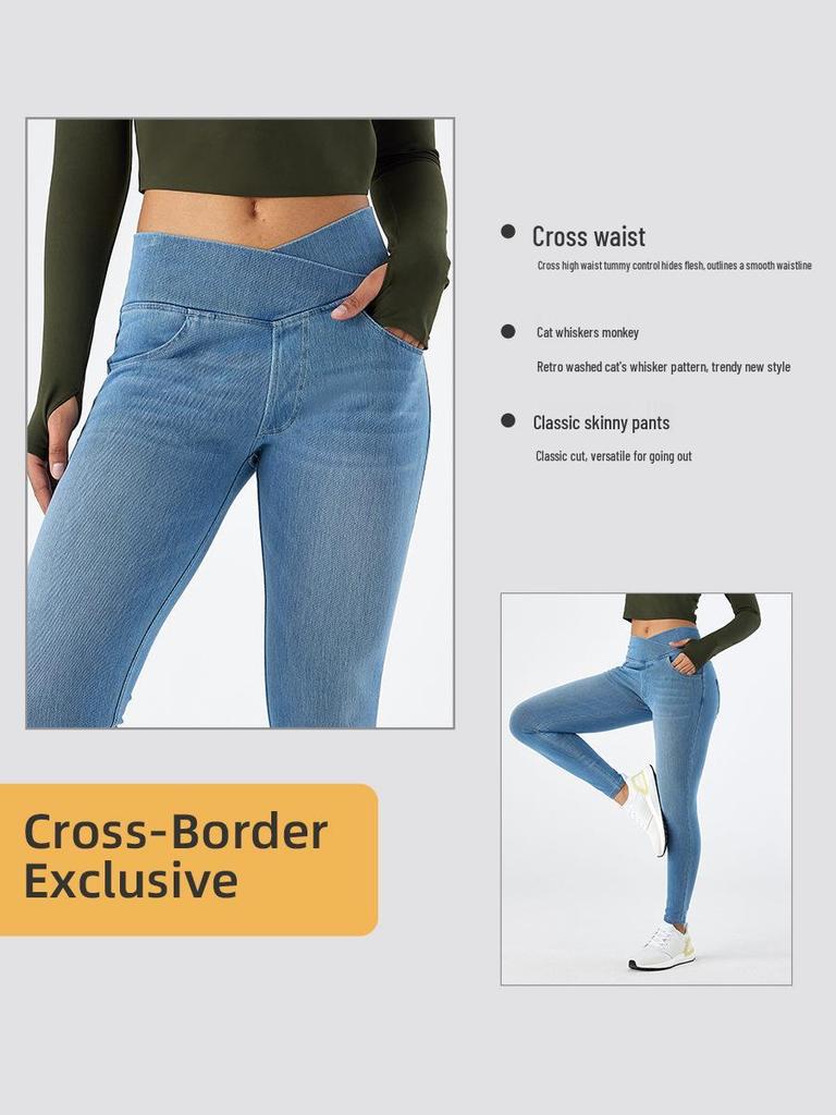 Dámské zeštíhlující skinny džíny s křížovým pasem a designem kočičích uší