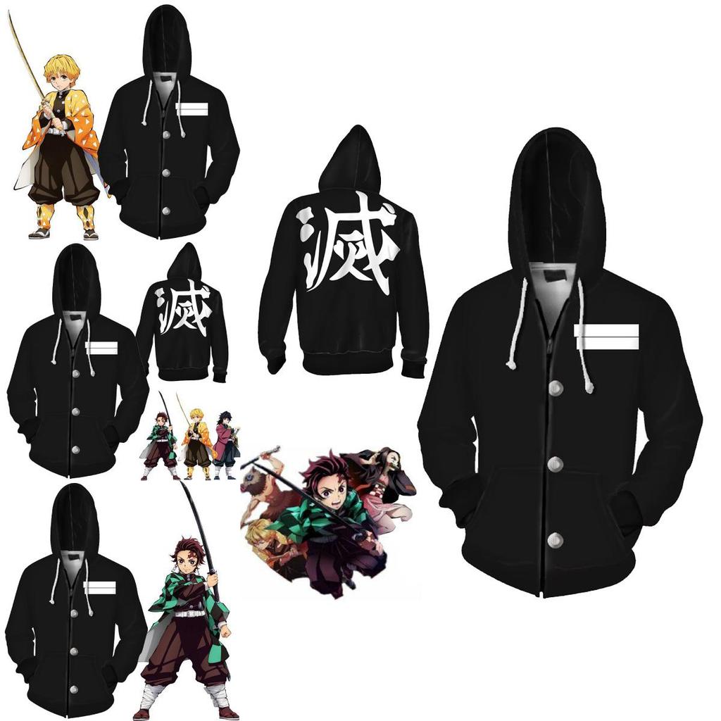 Demon Anime Slayer Kimetsu No Yaiba Zipper Hoodies Sweatshirts Long Coat Sleeve
